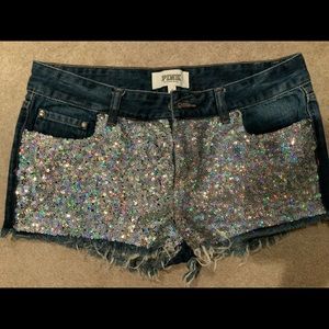 🚫SOLD🚫Pink Victoria’s Secret, Silver Sequin Front, Denim Jean Short Shorts